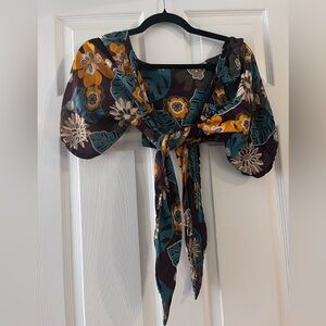 Olivaceous Multicolor Floral Tie-Front Puffy Sleeve Blouse